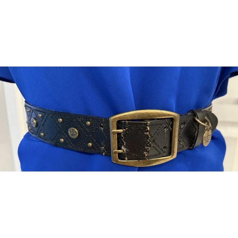 VTG Worn Studded Black Leather Belt Gold Color Buckle Sz 38